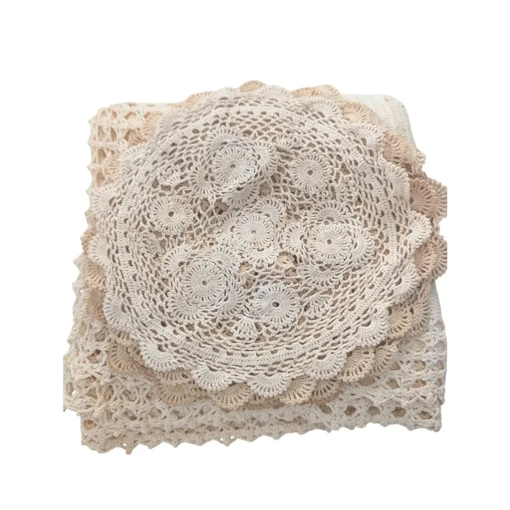 VINTAGE CREAM COTTON GEOMETRIC CROCHETED SMALL TABLECLOTH, W/ BONUS: 6 DOILIES!